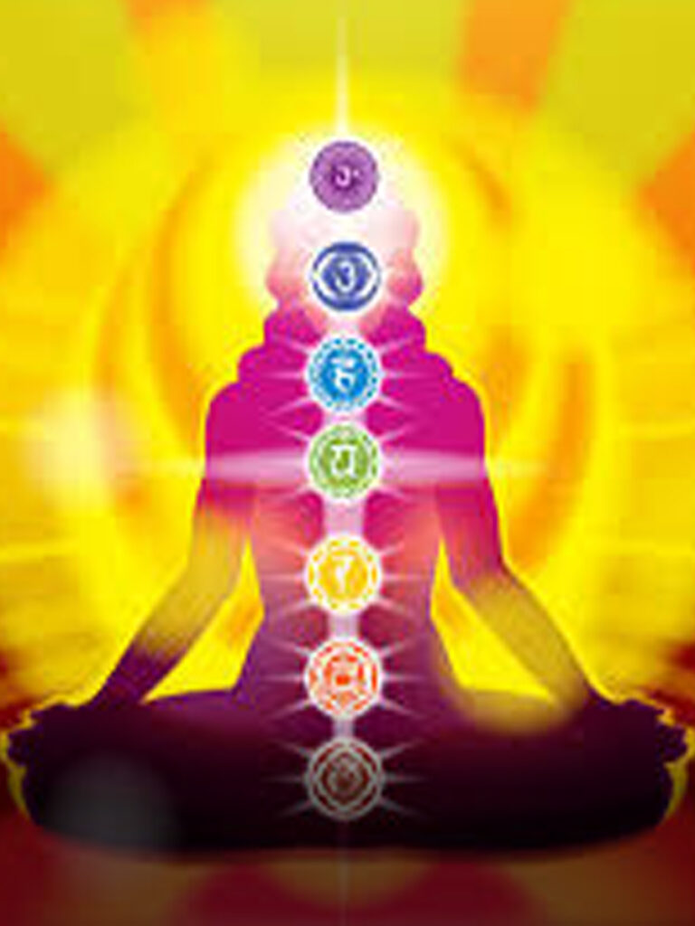 Meditating figure with the seven chakras glowing